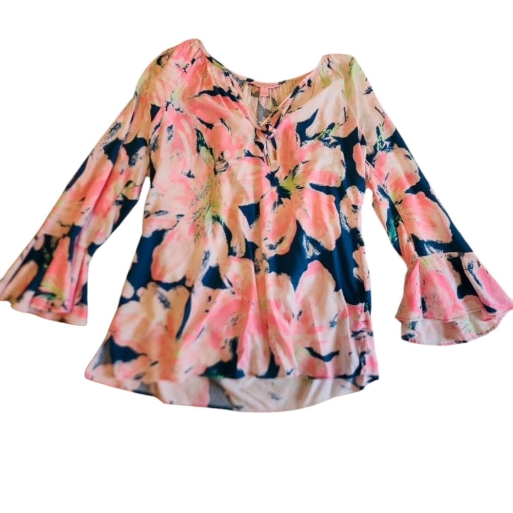 Preowned Lilly‎ Pulitzer Willa Flounce Sleeve Top Tidal Wave / Pans Garden Small
